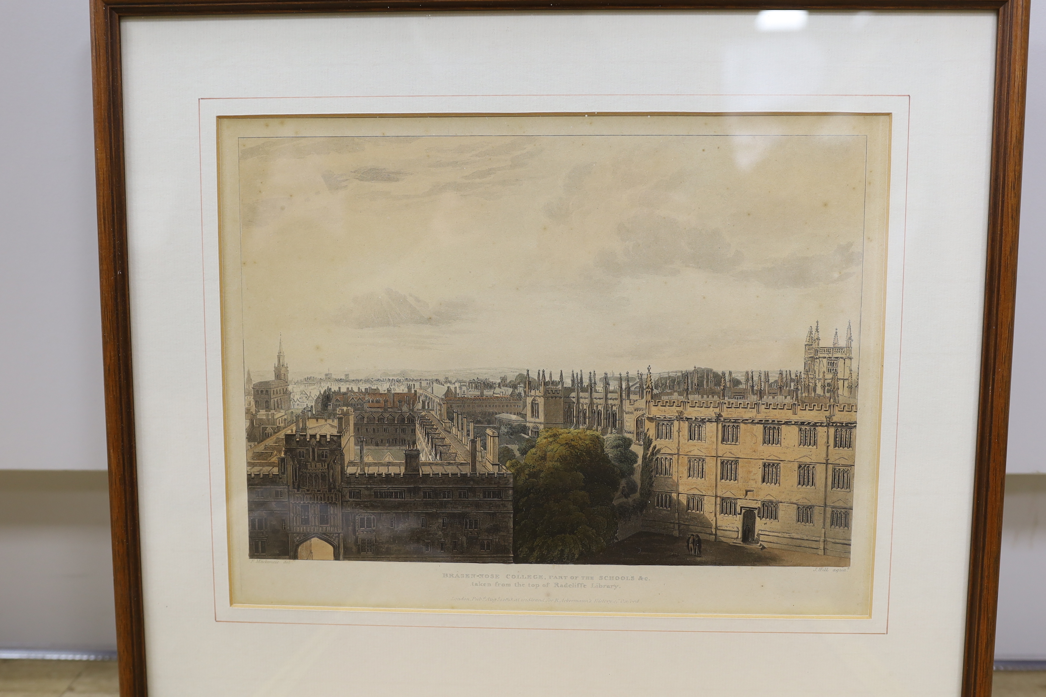 Four Ackermann colour engravings including E. Clarendon Printing House and Bradcliffe Library, together with another colour engraving and one other by Fred Millar, signed in pencil, largest 24 x 30cm (6)